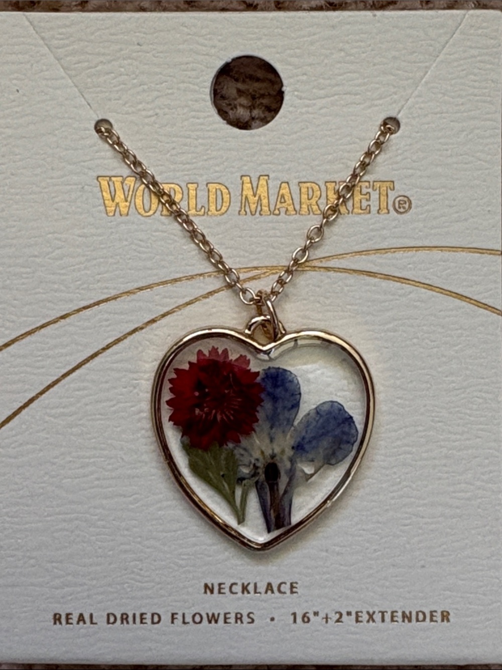 Cost Plus World Market Gold Heart Necklace with Red and Blue Dried Flowers